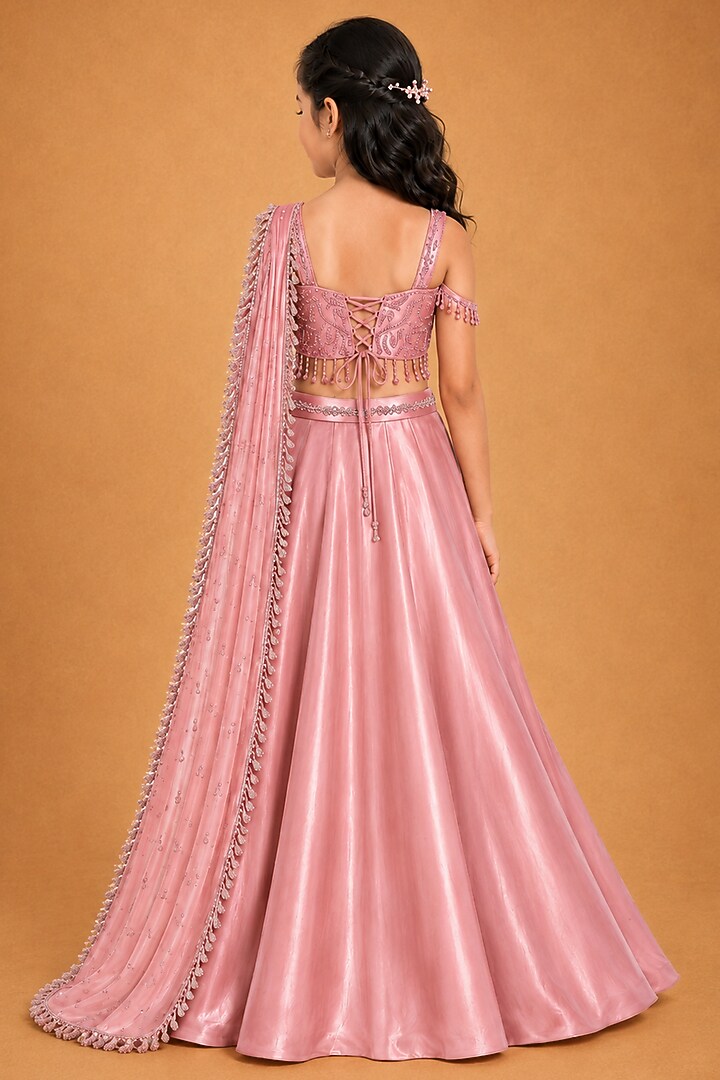 Rose Gold Satin Organza Tulle Hand Embroidered Draped Saree Set For Girls by Asaga Kids Atelier at Pernia's Pop Up Shop