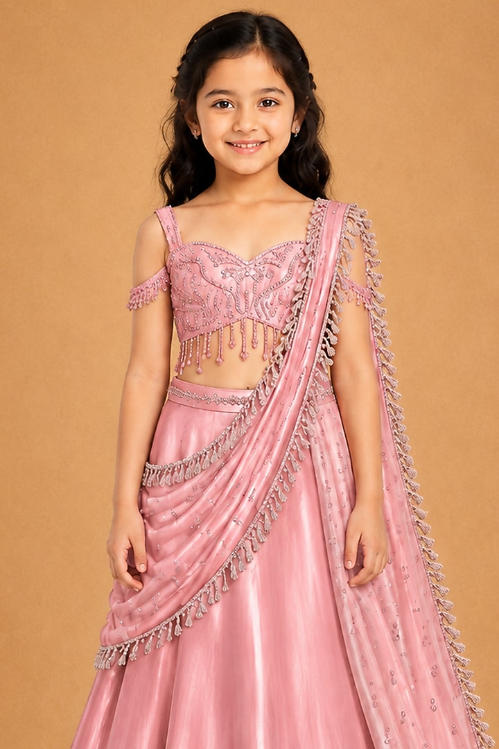Rose Gold Satin Organza Tulle Hand Embroidered Draped Saree Set For Girls by Asaga Kids Atelier at Pernia's Pop Up Shop