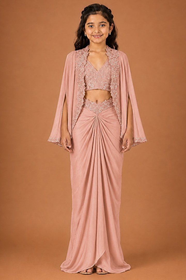 Pink Satin Organza Tulle Hand Embroidered Drape Skirt Set For Girls by Asaga Kids Atelier at Pernia's Pop Up Shop
