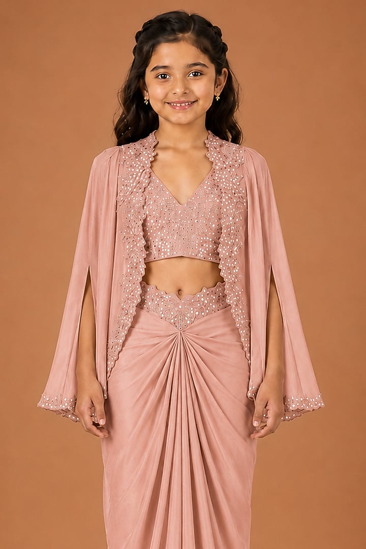 Pink Satin Organza Tulle Hand Embroidered Drape Skirt Set For Girls by Asaga Kids Atelier at Pernia's Pop Up Shop