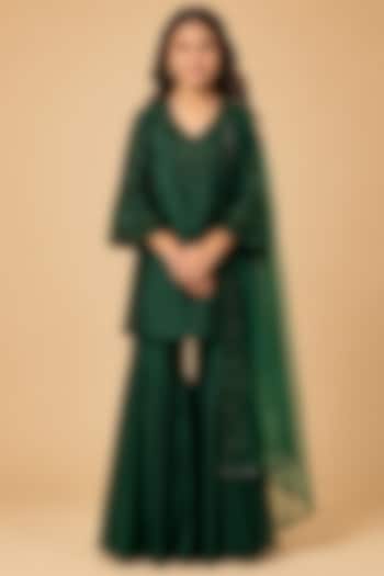 Emerald Green Chanderi Floral Hand Embroidered Sharara Set For Girls by Asaga Kids Atelier at Pernia's Pop Up Shop