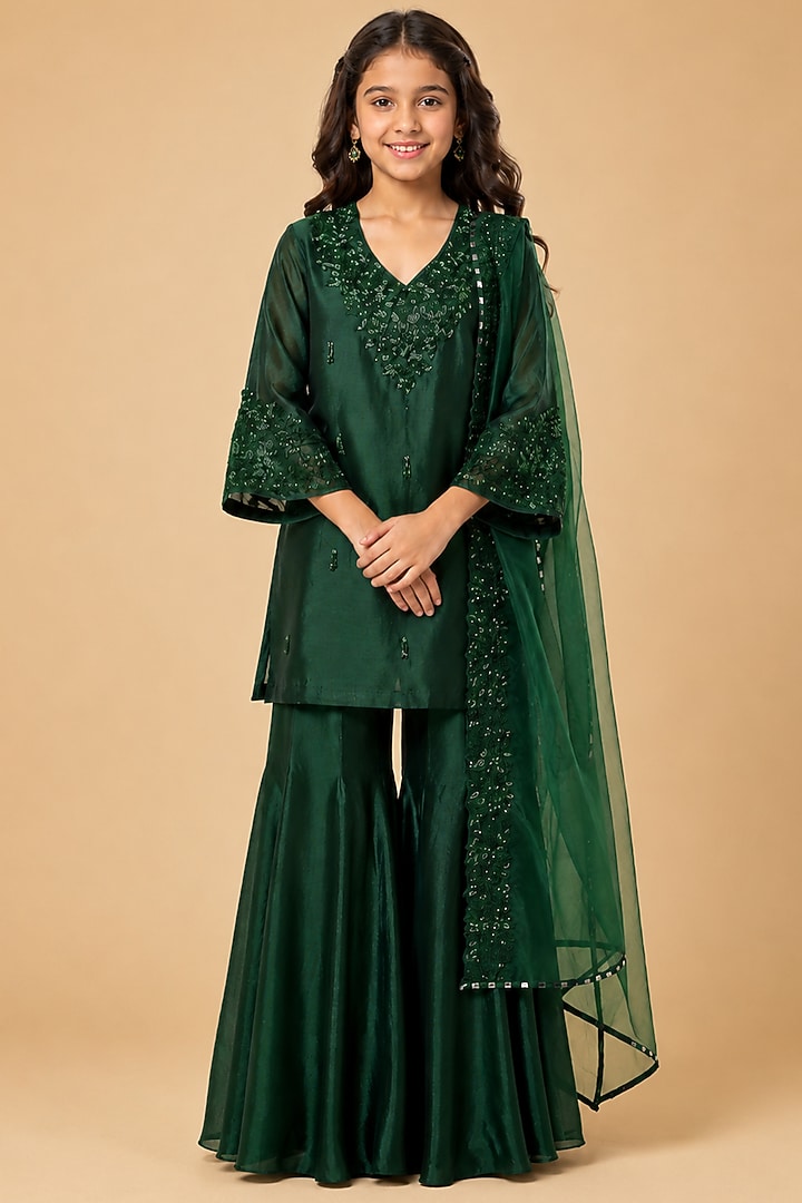 Emerald Green Chanderi Floral Hand Embroidered Sharara Set For Girls by Asaga Kids Atelier at Pernia's Pop Up Shop