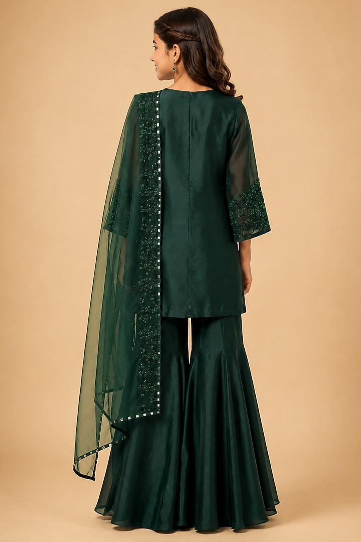 Emerald Green Chanderi Floral Hand Embroidered Sharara Set For Girls by Asaga Kids Atelier at Pernia's Pop Up Shop