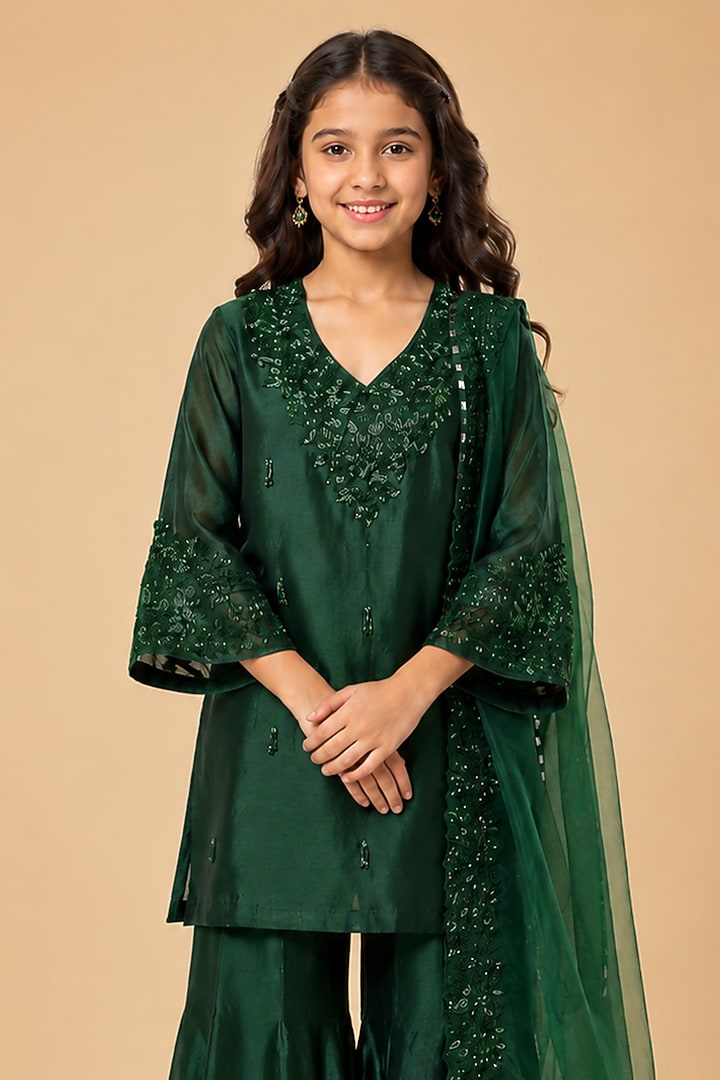 Emerald Green Chanderi Floral Hand Embroidered Sharara Set For Girls by Asaga Kids Atelier at Pernia's Pop Up Shop