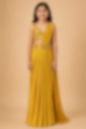 Yellow Satin Organza Tulle Pleated Draped Saree Set For Girls by Asaga Kids Atelier at Pernia's Pop Up Shop