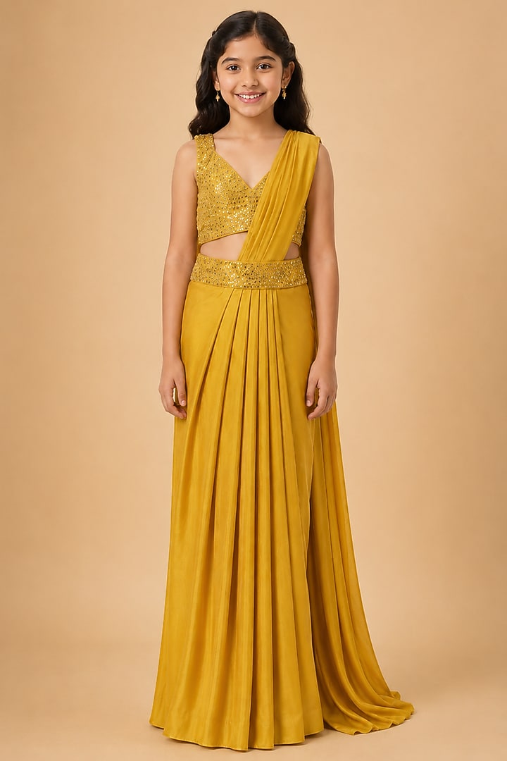 Yellow Satin Organza Tulle Pleated Draped Saree Set For Girls by Asaga Kids Atelier at Pernia's Pop Up Shop