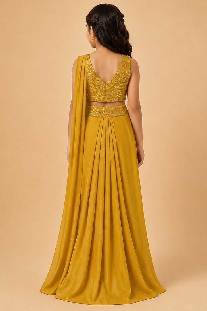 Yellow Satin Organza Tulle Pleated Draped Saree Set For Girls by Asaga Kids Atelier at Pernia's Pop Up Shop
