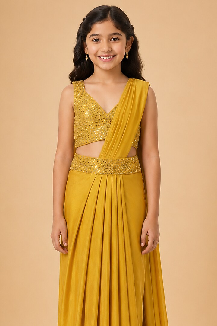 Yellow Satin Organza Tulle Pleated Draped Saree Set For Girls by Asaga Kids Atelier at Pernia's Pop Up Shop