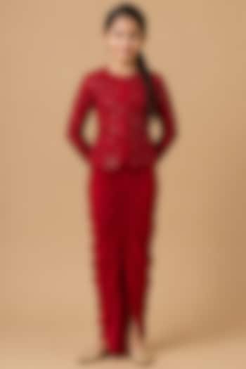 Red Satin Organza Tulle Drape Skirt Set For Girls by Asaga Kids Atelier at Pernia's Pop Up Shop