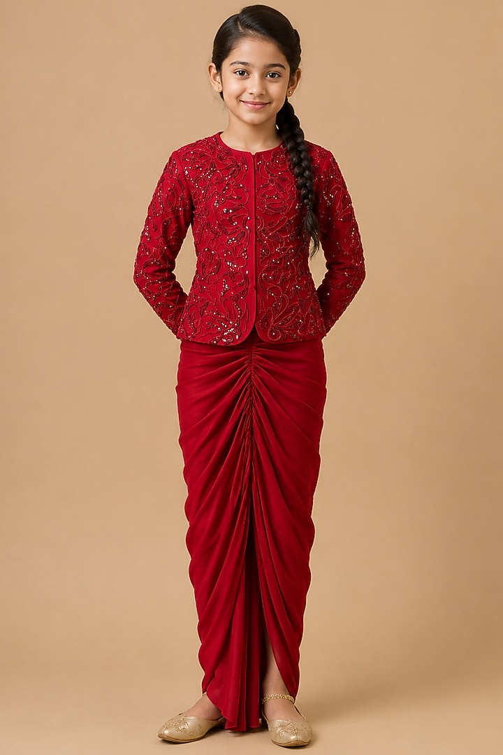 Red Satin Organza Tulle Drape Skirt Set For Girls by Asaga Kids Atelier at Pernia's Pop Up Shop
