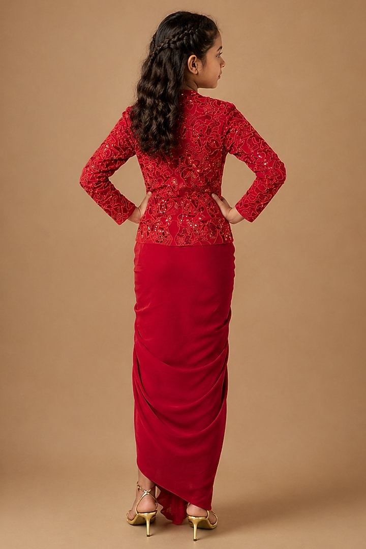 Red Satin Organza Tulle Drape Skirt Set For Girls by Asaga Kids Atelier at Pernia's Pop Up Shop