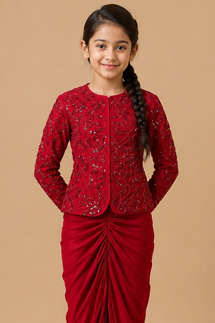 Red Satin Organza Tulle Drape Skirt Set For Girls by Asaga Kids Atelier at Pernia's Pop Up Shop