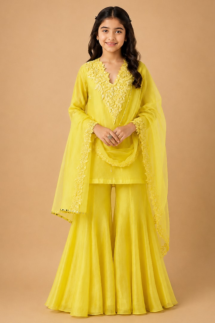 Yellow Chanderi Sharara Set For Girls by Asaga Kids Atelier at Pernia's Pop Up Shop
