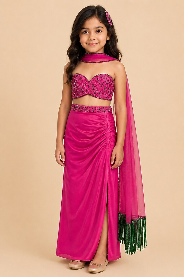 Fuchsia Satin & Organza Lehenga Set For Girls by Asaga Kids Atelier at Pernia's Pop Up Shop