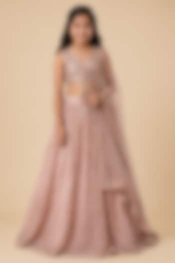 Rose Gold Tulle Floral Embroidered Lehenga Set For Girls by Asaga Kids Atelier at Pernia's Pop Up Shop