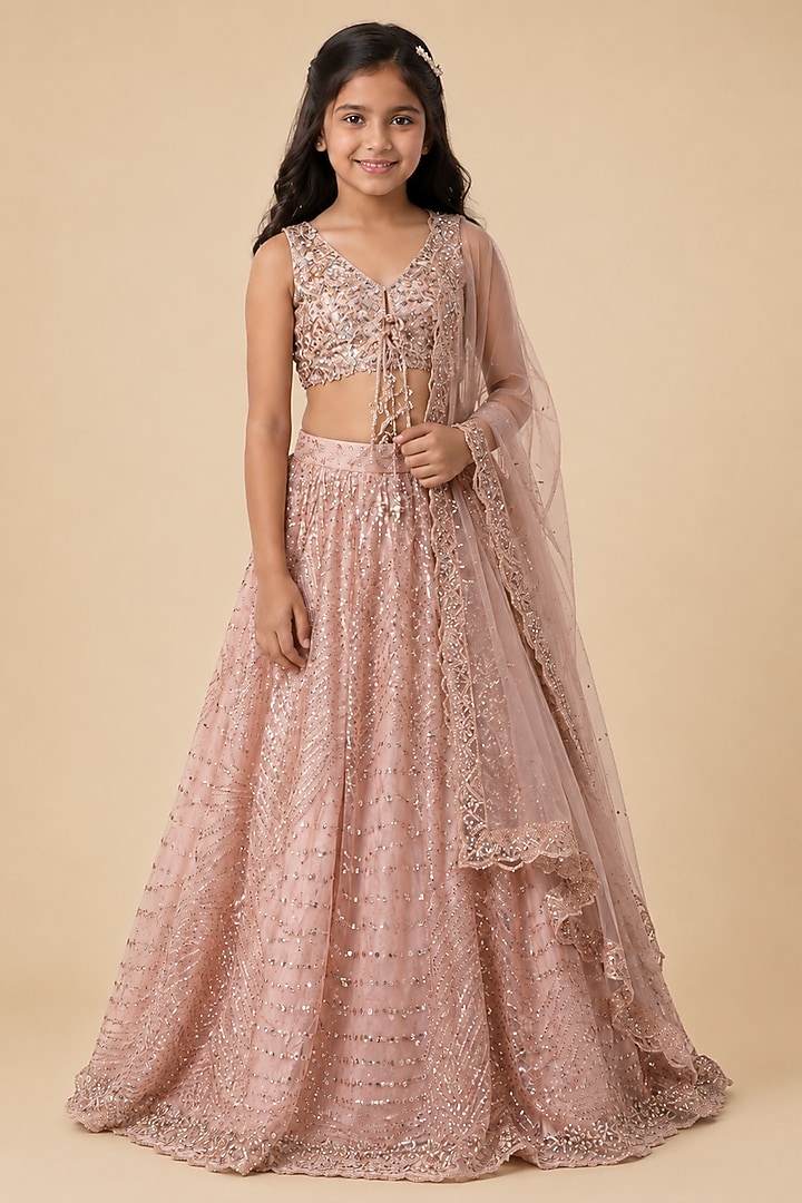 Rose Gold Tulle Floral Embroidered Lehenga Set For Girls by Asaga Kids Atelier at Pernia's Pop Up Shop