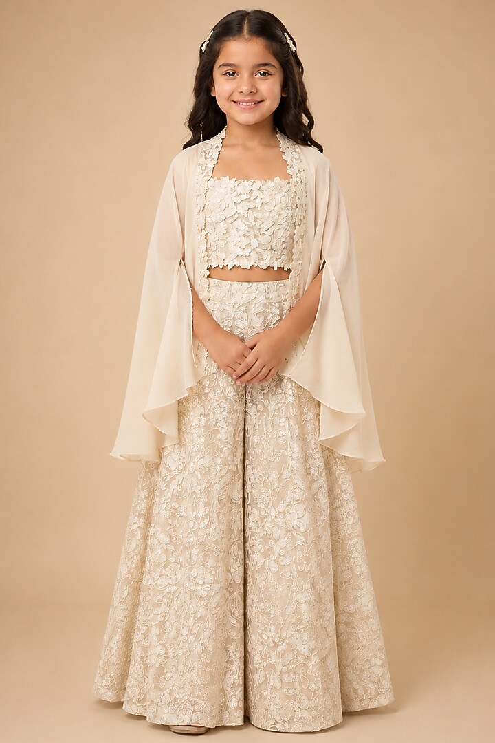 Ivory Satin Organza Cutwork Embroidered Sharara Set For Girls by Asaga Kids Atelier at Pernia's Pop Up Shop
