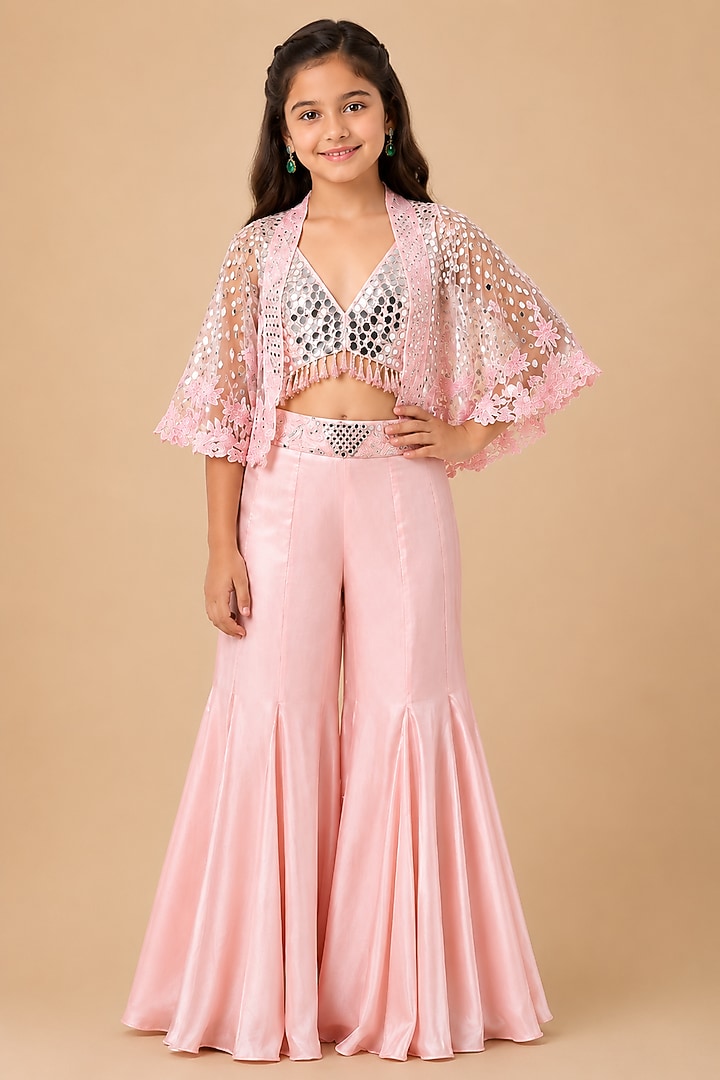 Baby Pink Satin Organza Sharara Set For Girls by Asaga Kids Atelier at Pernia's Pop Up Shop