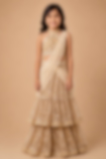 Beige Satin Organza Embroidered Drape Saree Set For Girls by Asaga Kids Atelier at Pernia's Pop Up Shop