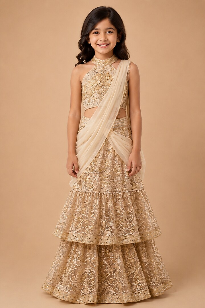 Beige Satin Organza Embroidered Drape Saree Set For Girls by Asaga Kids Atelier at Pernia's Pop Up Shop