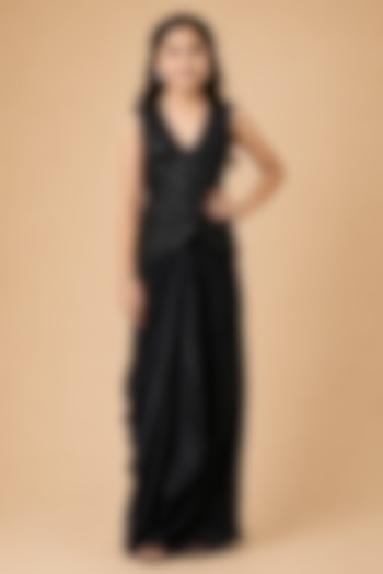 Black Satin Organza Drape Saree Set For Girls by Asaga Kids Atelier at Pernia's Pop Up Shop
