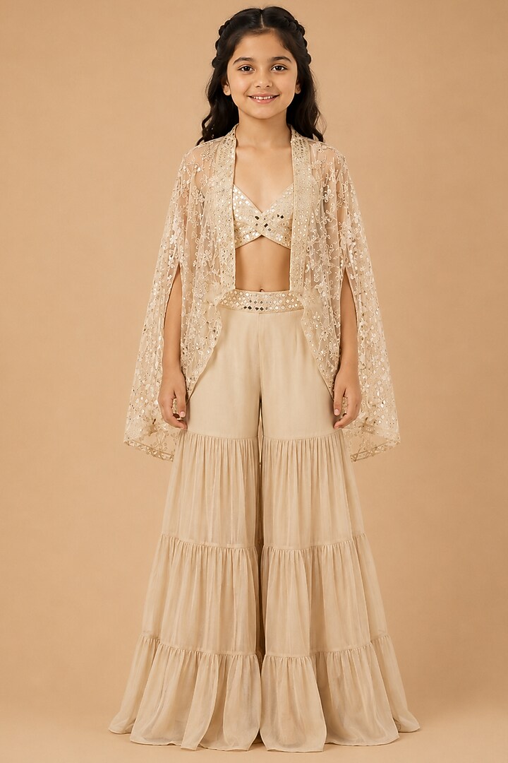 Beige Satin Organza Sharara Set For Girls by Asaga Kids Atelier at Pernia's Pop Up Shop
