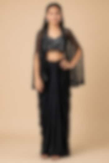 Black Satin Organza Drape Skirt Set For Girls by Asaga Kids Atelier at Pernia's Pop Up Shop