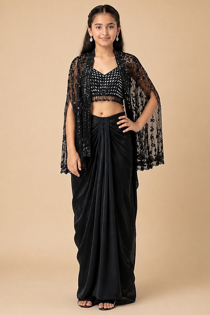 Black Satin Organza Drape Skirt Set For Girls by Asaga Kids Atelier at Pernia's Pop Up Shop