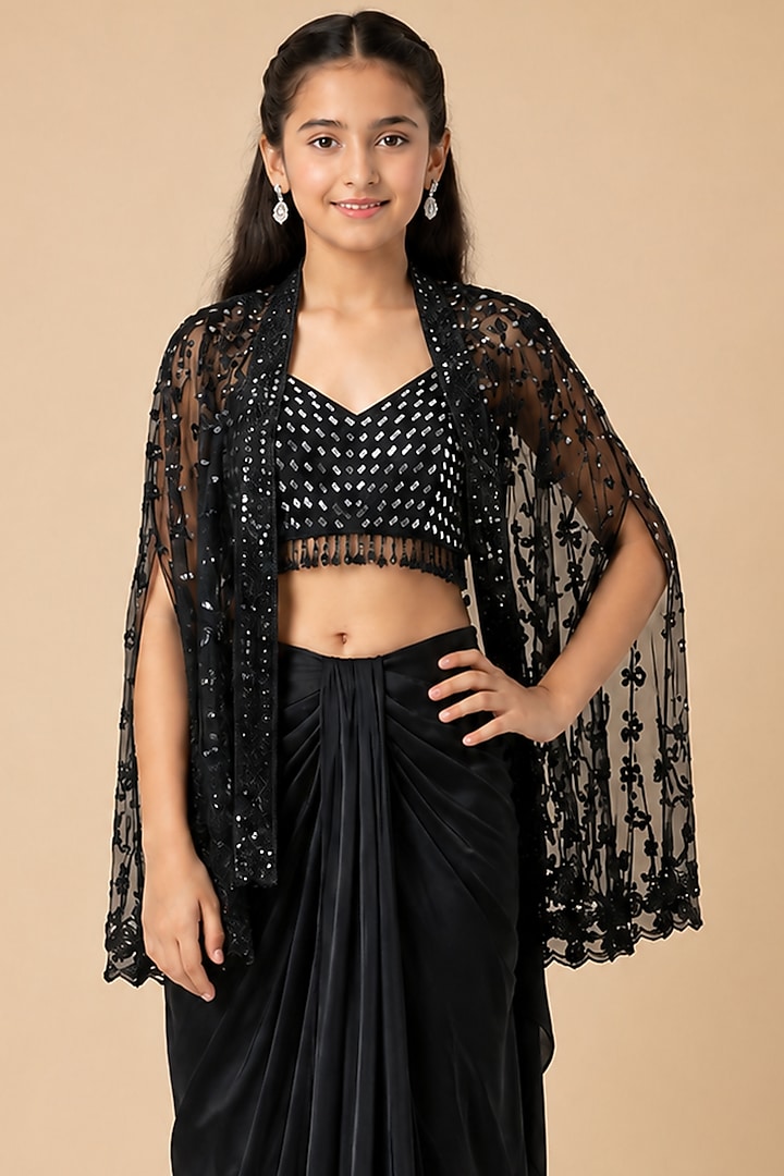 Black Satin Organza Drape Skirt Set For Girls by Asaga Kids Atelier at Pernia's Pop Up Shop
