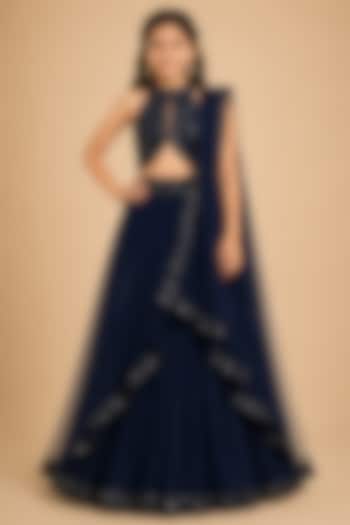 Navy Blue Satin Organza Lehenga Set For Girls by Asaga Kids Atelier at Pernia's Pop Up Shop