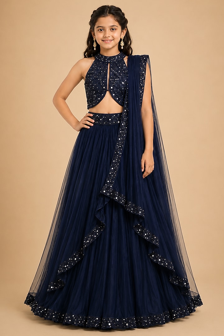Navy Blue Satin Organza Lehenga Set For Girls by Asaga Kids Atelier at Pernia's Pop Up Shop