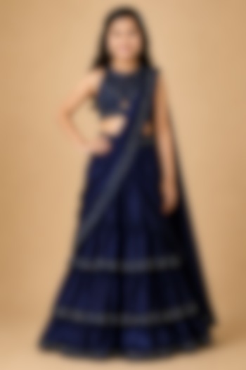Navy Blue Satin Organza Embroidered Lehenga Set For Girls by Asaga Kids Atelier at Pernia's Pop Up Shop