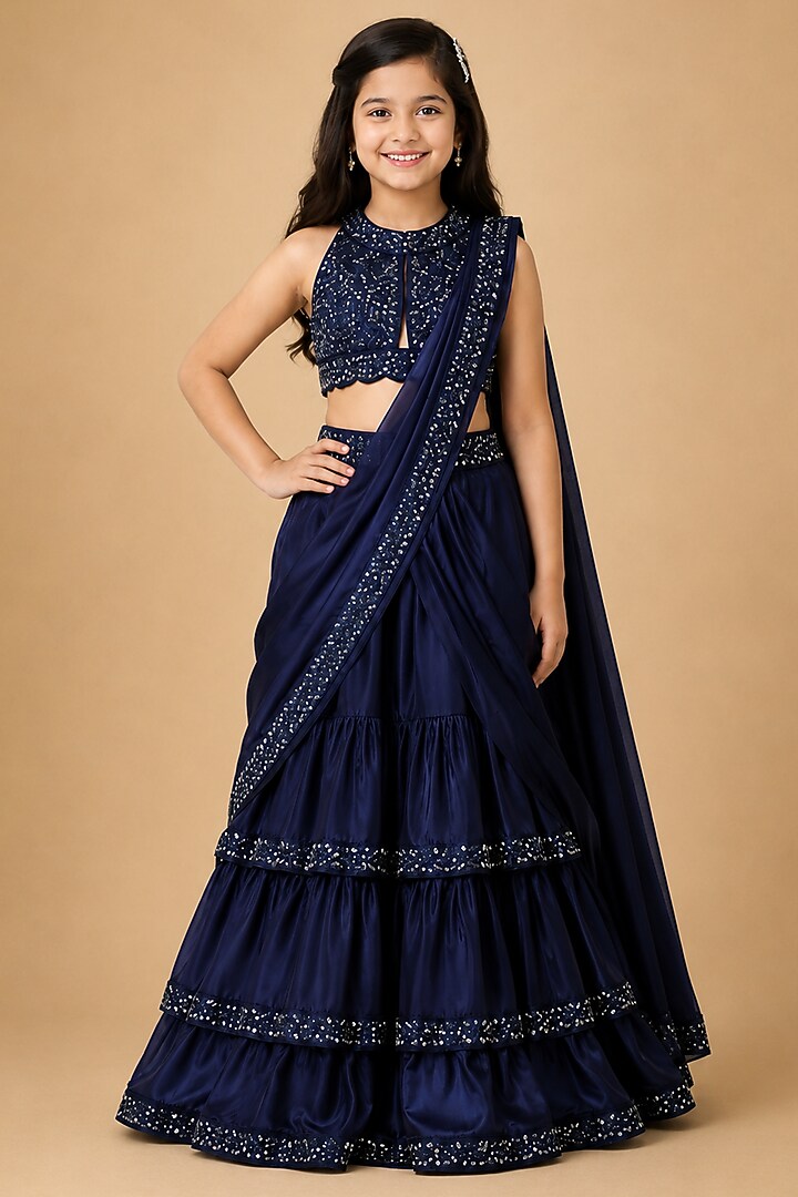 Navy Blue Satin Organza Embroidered Lehenga Set For Girls by Asaga Kids Atelier at Pernia's Pop Up Shop