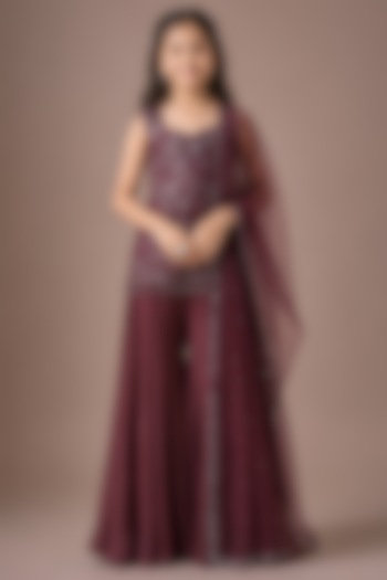 Wine Satin Organza Sharara Set For Girls by Asaga Kids Atelier at Pernia's Pop Up Shop