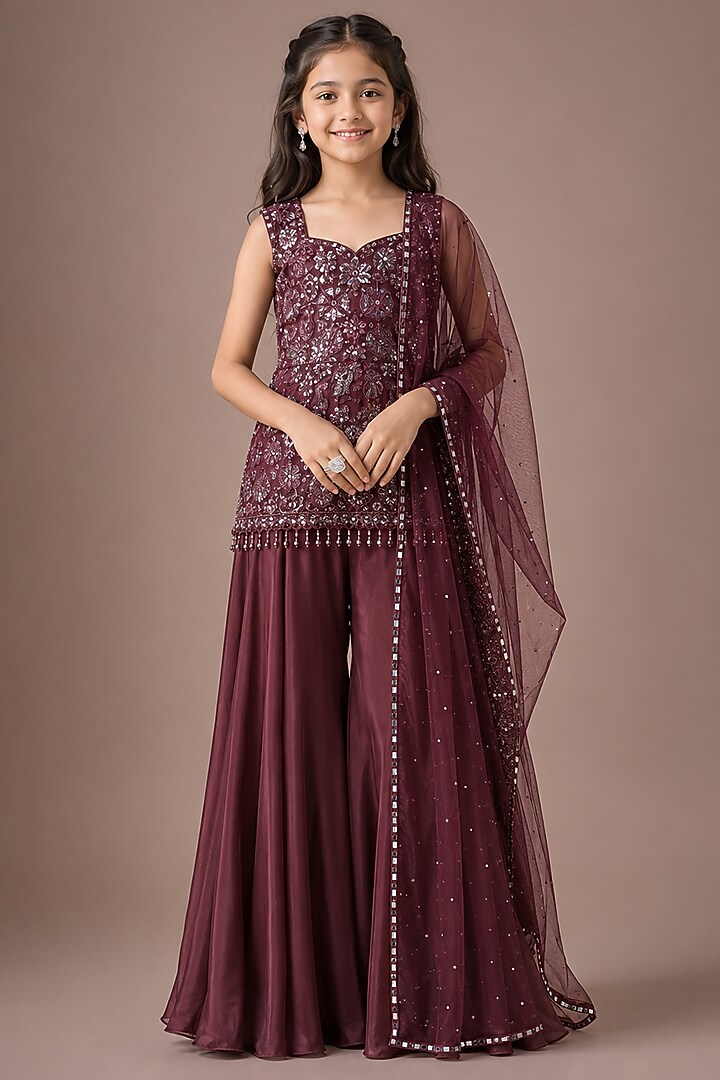 Wine Satin Organza Sharara Set For Girls by Asaga Kids Atelier at Pernia's Pop Up Shop