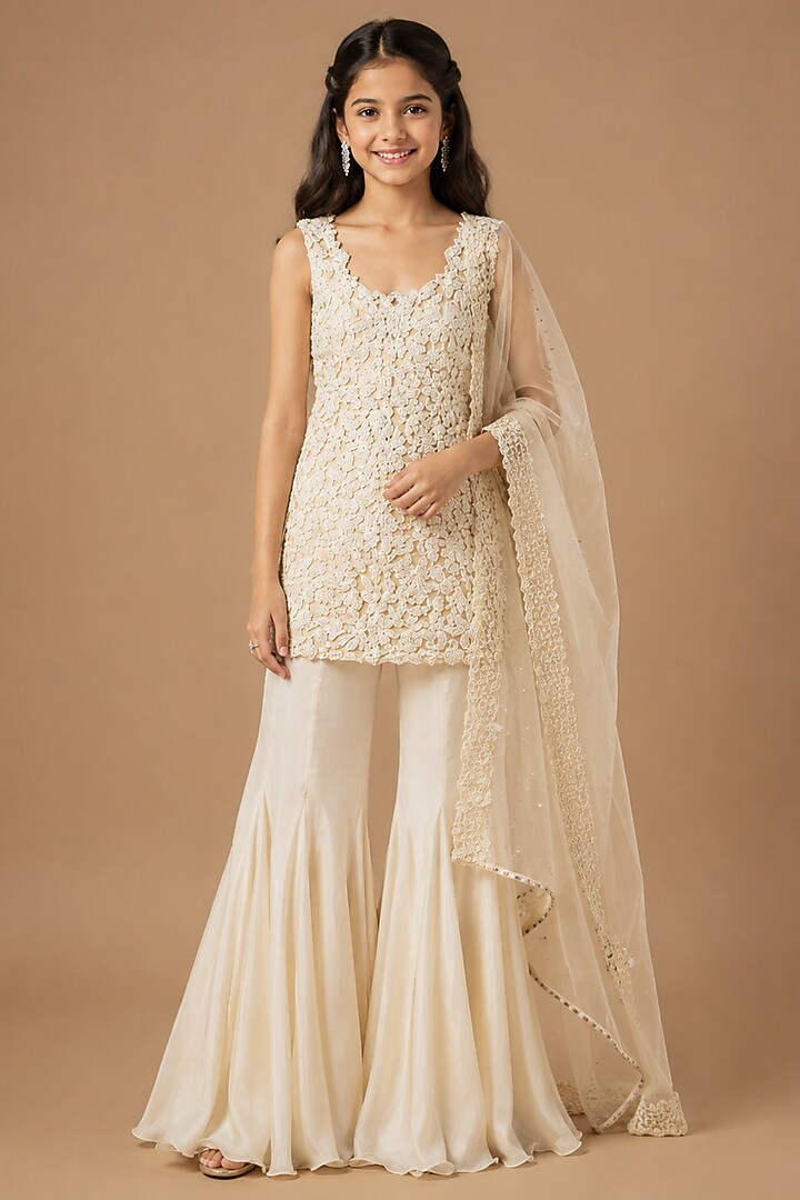 Ivory Satin Organza Sharara Set For Girls by Asaga Kids Atelier at Pernia's Pop Up Shop