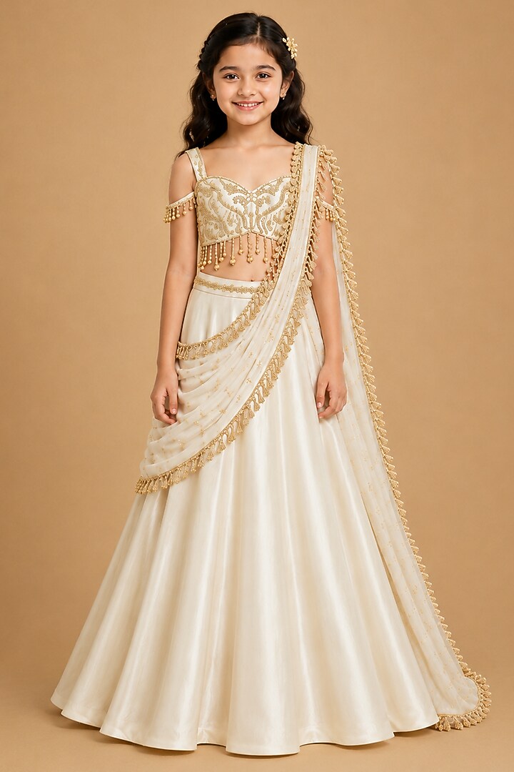 Ivory Satin Organza Drape Saree Set For Girls by Asaga Kids Atelier at Pernia's Pop Up Shop