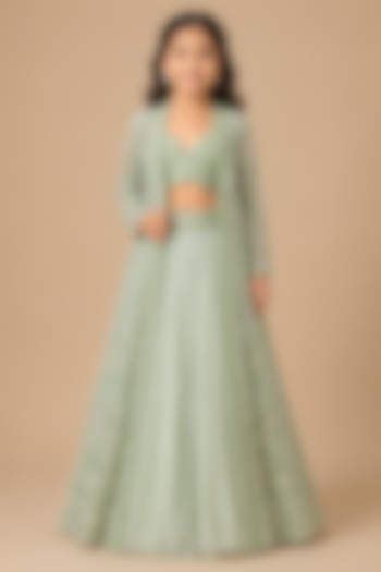 Mint Tulle Floral Embroidered Long Jacket Set For Girls by Asaga Kids Atelier at Pernia's Pop Up Shop