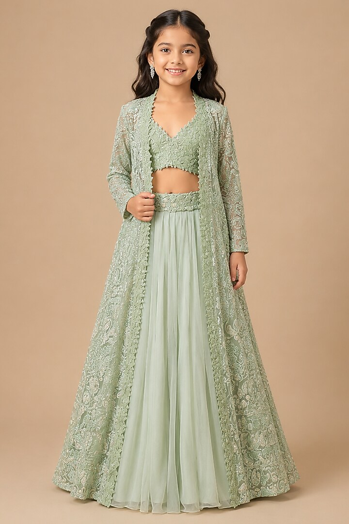 Mint Tulle Floral Embroidered Long Jacket Set For Girls by Asaga Kids Atelier at Pernia's Pop Up Shop