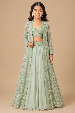 Mint Tulle Floral Embroidered Long Jacket Set For Girls by Asaga Kids Atelier