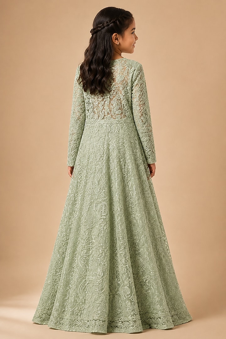 Mint Tulle Floral Embroidered Long Jacket Set For Girls by Asaga Kids Atelier at Pernia's Pop Up Shop