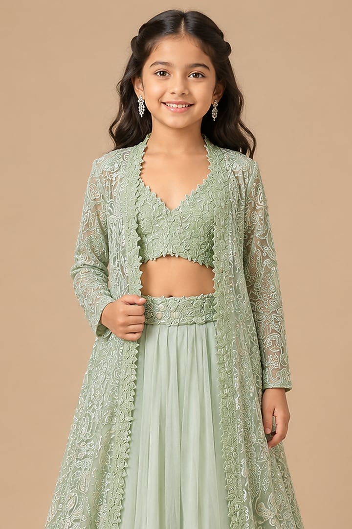 Mint Tulle Floral Embroidered Long Jacket Set For Girls by Asaga Kids Atelier at Pernia's Pop Up Shop