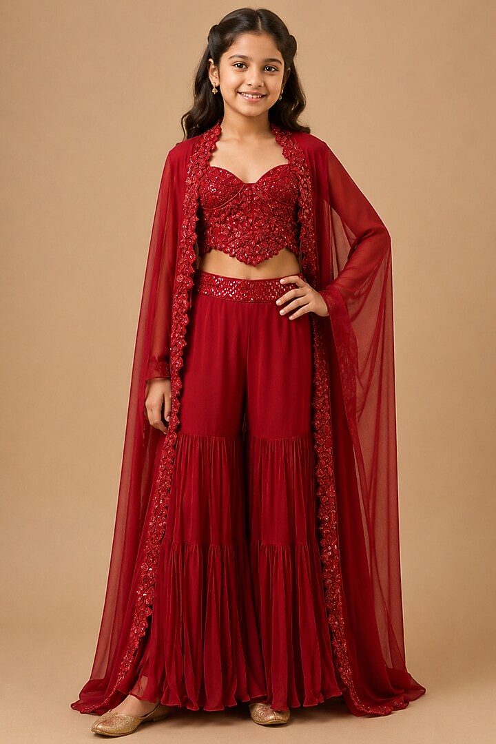 Red Satin Organza Sharara Set For Girls by Asaga Kids Atelier at Pernia's Pop Up Shop