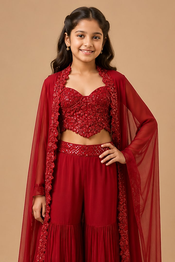 Red Satin Organza Sharara Set For Girls by Asaga Kids Atelier at Pernia's Pop Up Shop