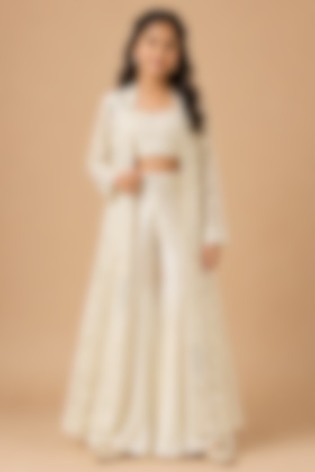 Ivory Satin Organza Embroidered Long Jacket Set For Girls by Asaga Kids Atelier at Pernia's Pop Up Shop