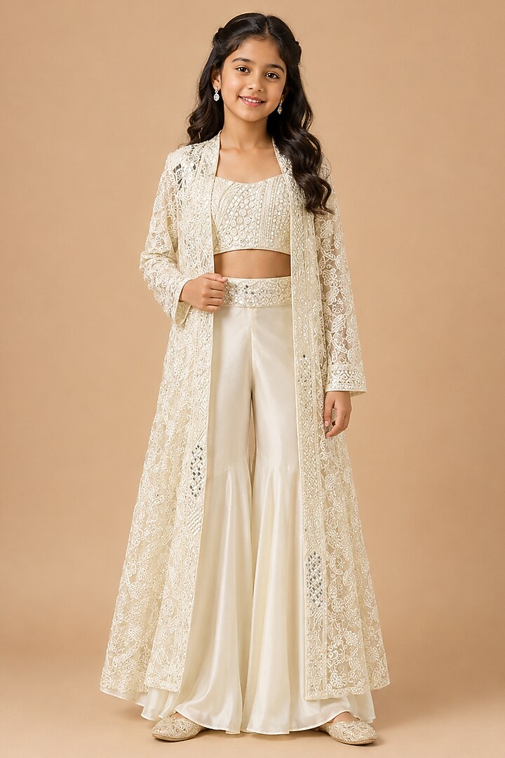 Ivory Satin Organza Embroidered Long Jacket Set For Girls by Asaga Kids Atelier at Pernia's Pop Up Shop