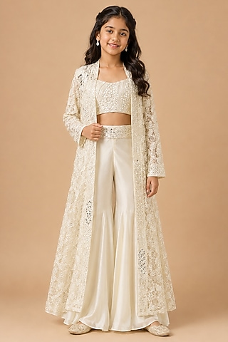 Ivory Satin Organza Embroidered Long Jacket Set For Girls by Asaga Kids Atelier