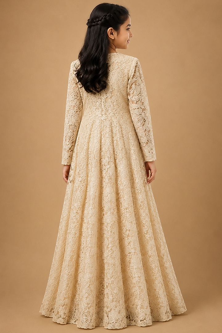 Ivory Satin Organza Embroidered Long Jacket Set For Girls by Asaga Kids Atelier at Pernia's Pop Up Shop