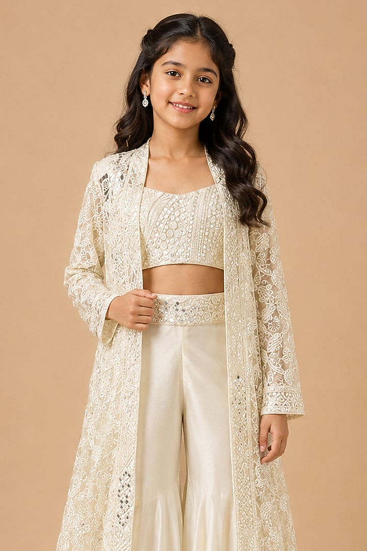 Ivory Satin Organza Embroidered Long Jacket Set For Girls by Asaga Kids Atelier at Pernia's Pop Up Shop