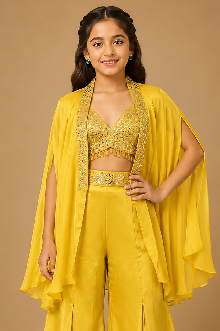Yellow Satin Organza Sharara Set For Girls by Asaga Kids Atelier at Pernia's Pop Up Shop
